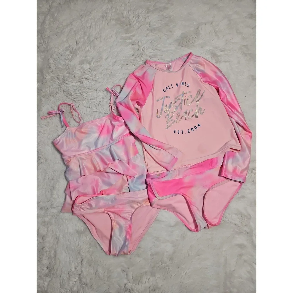 Justice Girls Swimsuit Lot Size M 10 Rash Guard Tankini 4 Pc Mix Match Tie Dye